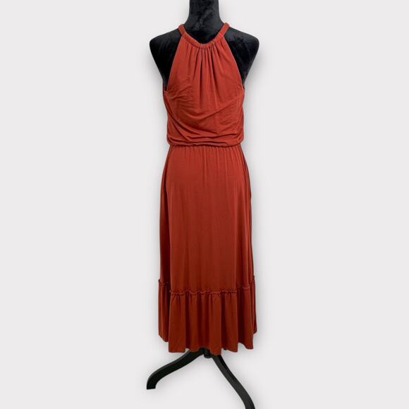 Rachel Zoe Midi Dress Sz L Terracotta Ruffle Tier Pockets Stretchy Resort Casual - Picture 2 of 7